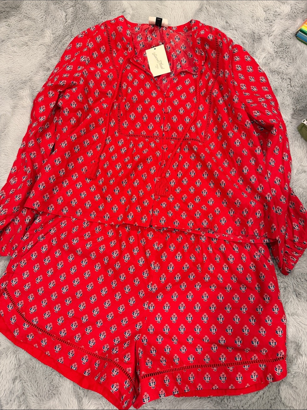 Women's Red Printed Button-Front Tunic Top and shorts set